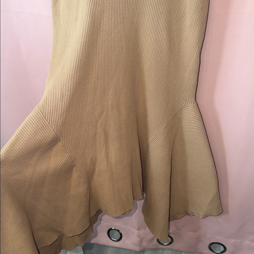Sleeveless High-Neck Asymmetric Midi Dress in Camel - Picture 6 of 9